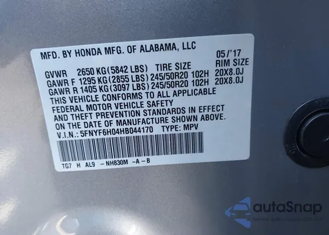 2017 Honda Pilot Elite from USA, damaged, VIN 5FNYF6H04HB044170